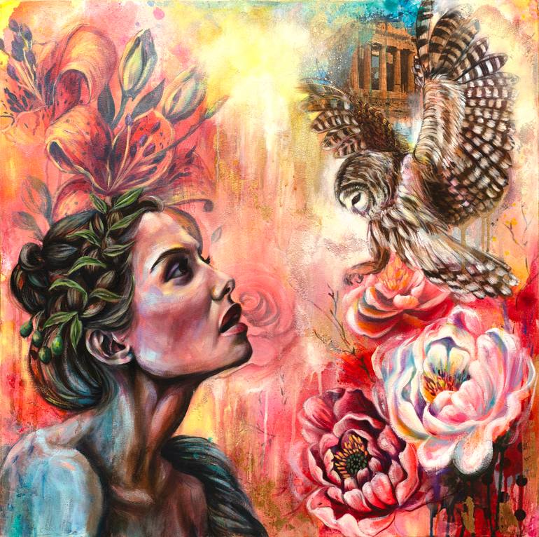 Original People Painting by Ana-maria Ioachimescu | Surrealism Art on Canvas | Athena, The Way of Wisdom