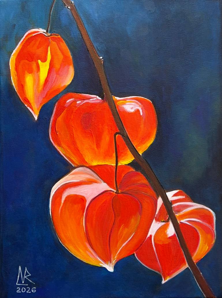 Original Botanic Painting by Elena Bogatova | Impressionism Art on Canvas | The Hidden Light of Nature's Little Chinese Lanterns.