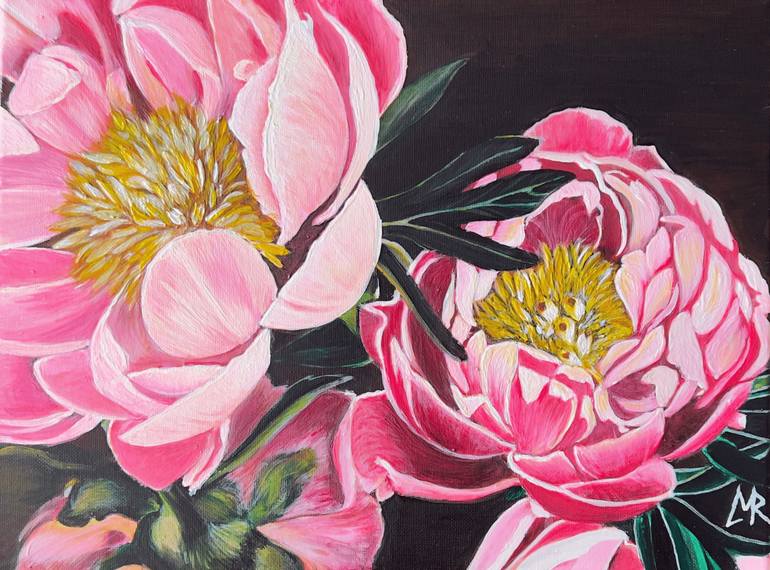 Original Still Life Painting by Elena Bogatova | Art Deco Art on Canvas | Pink Peony in the Night