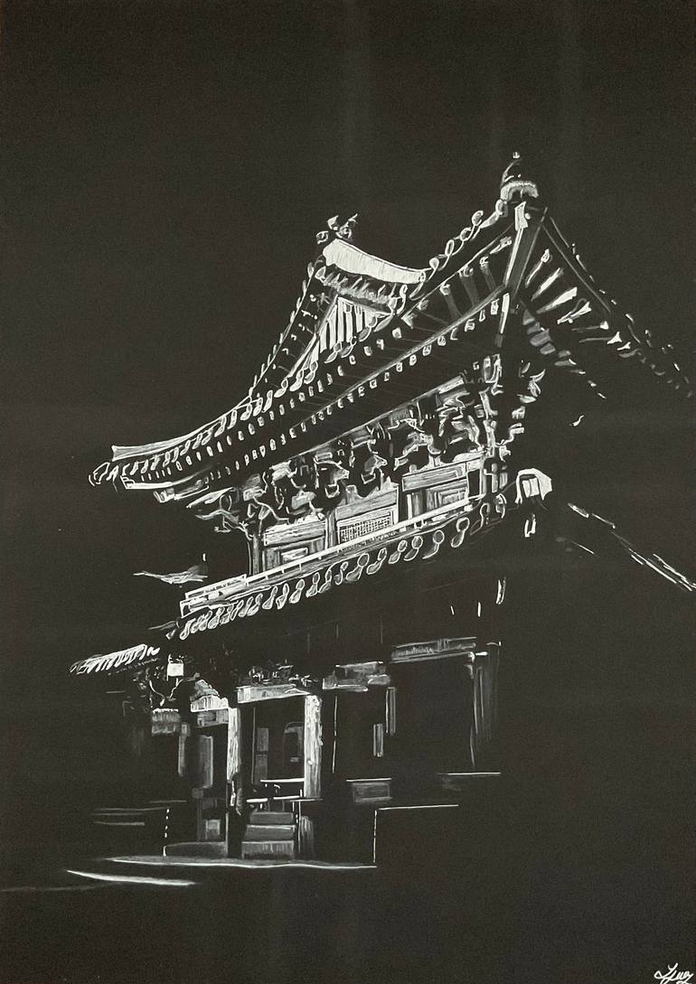 Original Architecture Drawing by Lorena Darea | Realism Art on Paper | Temple in the Night