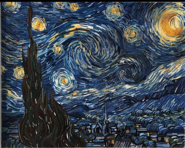 Original Landscape Mixed Media by Andrea Tisovec | Contemporary Art on Other | The Starry Night - Quilling Interpretation