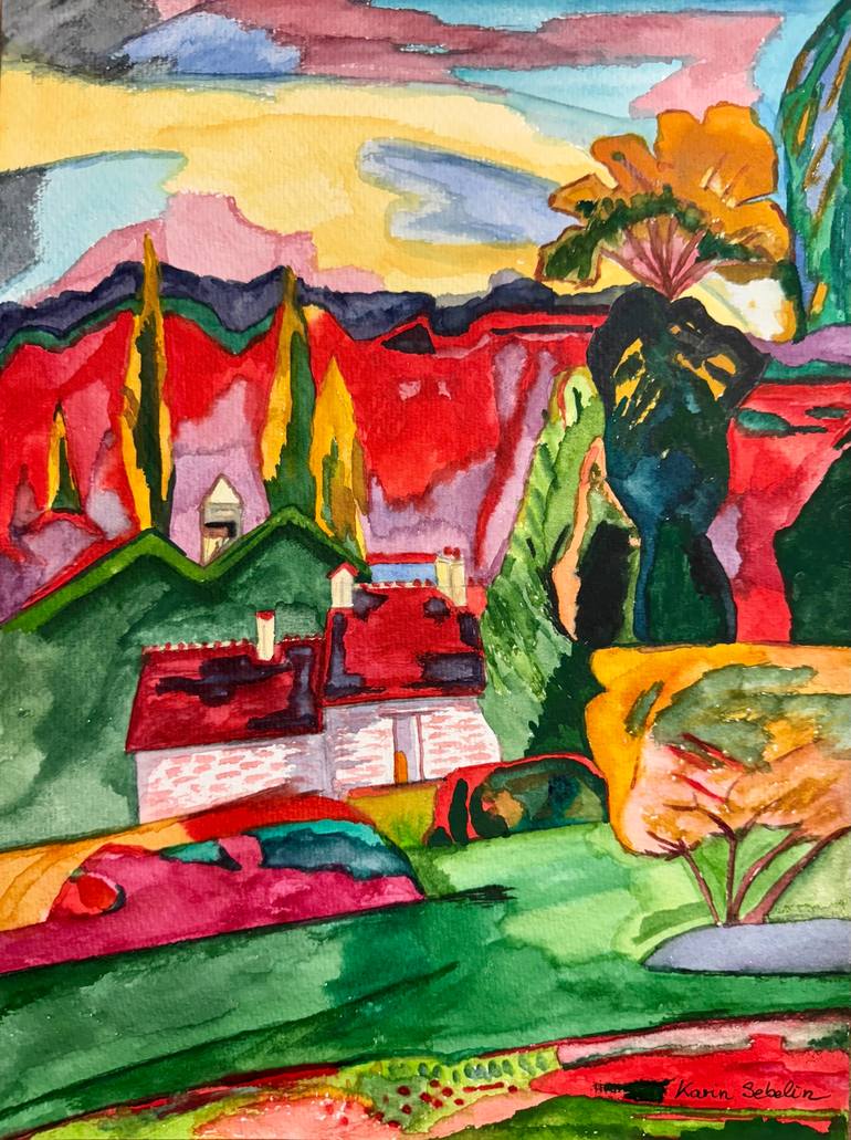 Original Landscape Painting by Karin Sebelin | Expressionism Art on Paper | The farm