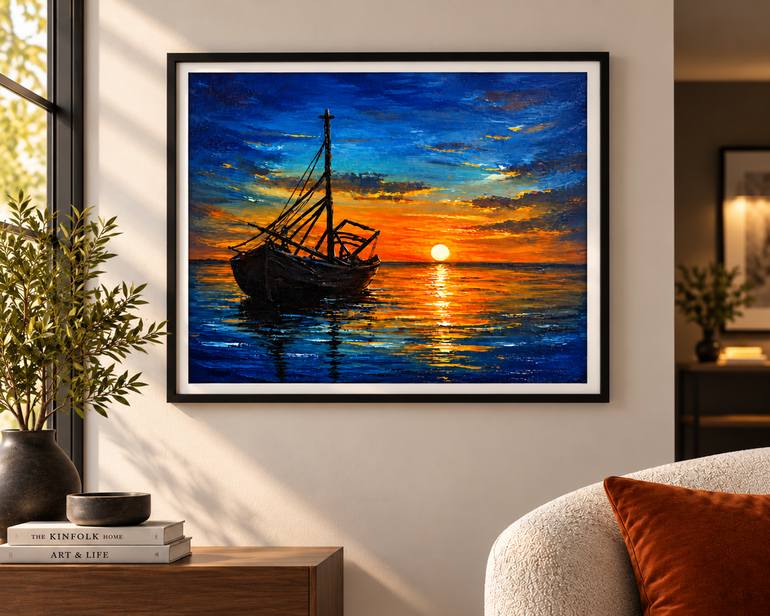 Original Sunset Painting by Parag Patel | Contemporary Art on Acrylic | Last Light on the Water