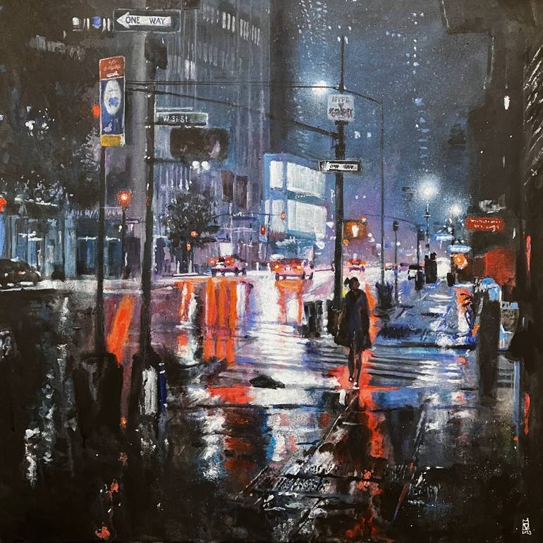 Original Architecture Painting by Daniel Moyano | Figurative Art on Canvas | Rain and Alone 01
