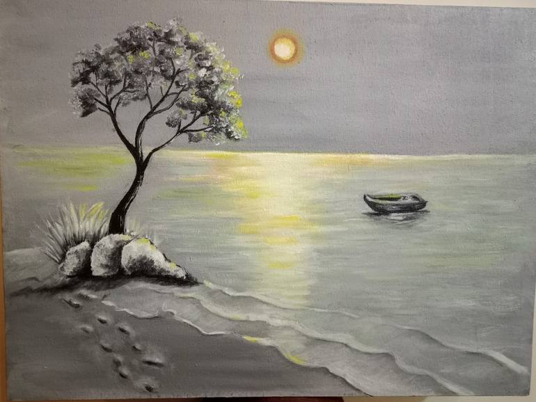 Original Seascape Painting by Adeeb Hasnain | Impressionism Art on Canvas | `Moonlit Solitude - Footprints to the Silver Sea