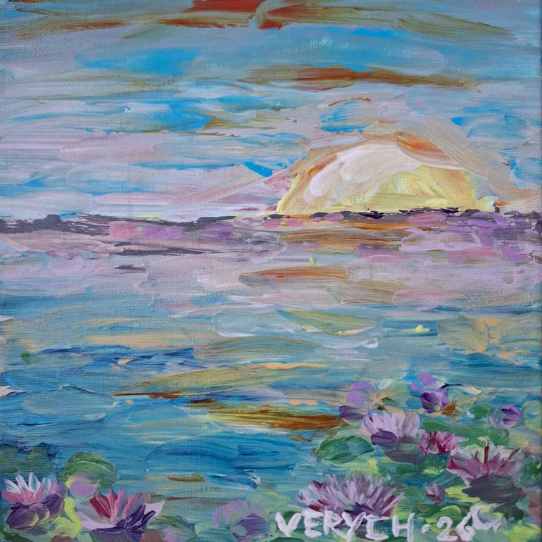 Original Sunset Painting by Anastasiia Verich | Abstract Art on Canvas | Sunset by the River with Water Lilies
