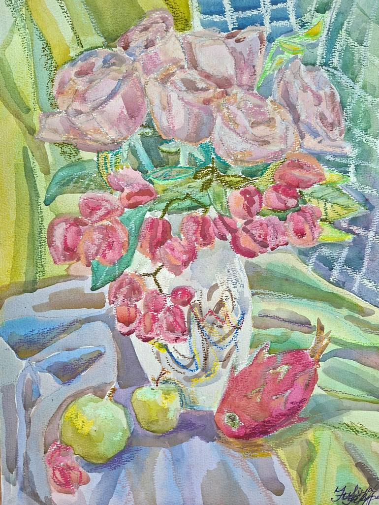 Original Still Life Painting by Yuliya Fylypenko | Post-impressionism Art on Paper | Roses and dragon fruit