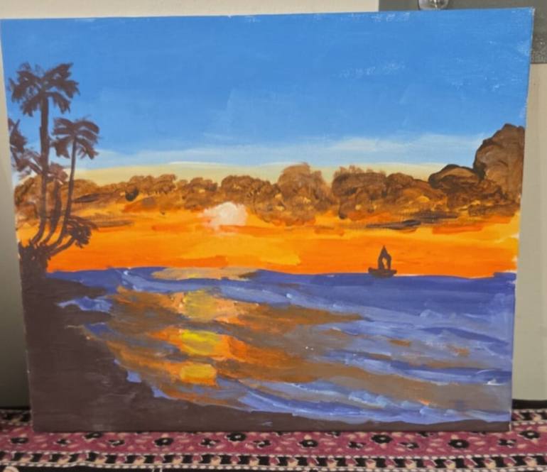 Original Abstract Painting by Pushpa Sakthivel | Abstract Expressionism Art on Canvas | Sunset in the beach