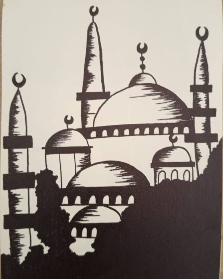 Original Architecture Drawing by Marwa Rizwan | Abstract Art on Canvas | Black and white mosque
