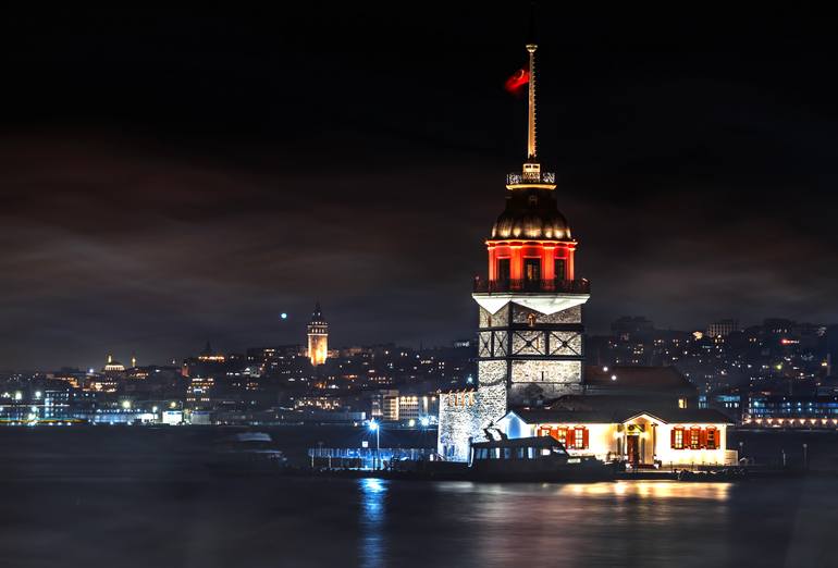 Original Cities Photography by Murat Topay | Pop Art Art on Paper | Maiden's Tower Under the Night Sky