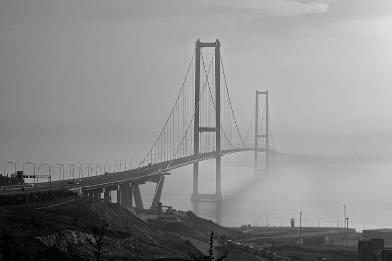 Original Architecture Photography by Murat Topay | Black & White Art on Paper | Osmangazi Bridge in Fog, Black and White Photography