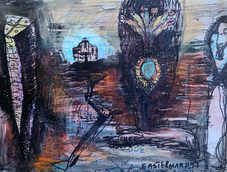 Original Landscape Drawing by Charles Hackbarth | Abstract Art on Paper | In The Distance (little drawing #2)