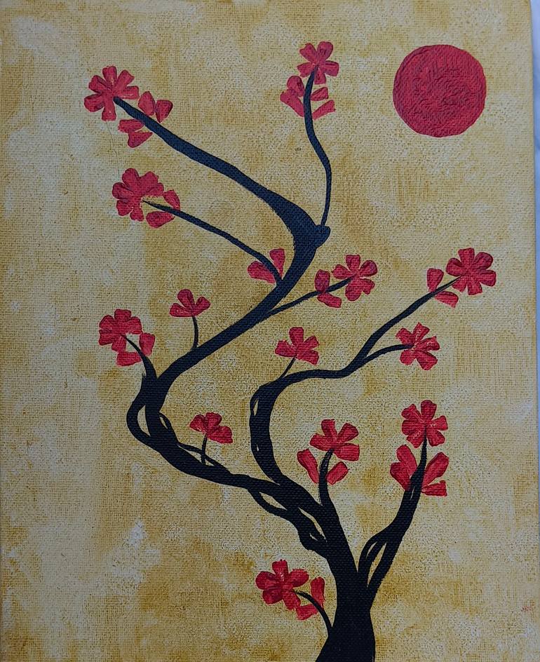 Original Floral Painting by Mrs Anas | Impressionism Art on Canvas | Golden Dusk with Red Flowers