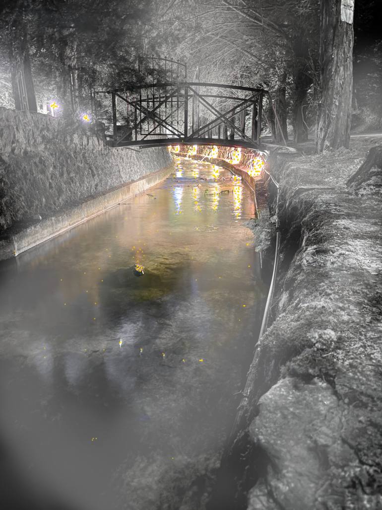 Original Landscape Mixed Media by Bernadett Samu | Conceptual Art on Canvas | Whispers of the Night River