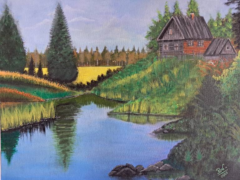 Original Landscape Painting by Bhavana Babu M P | Color Field Painting Art on Canvas | The Lakeside Cabin