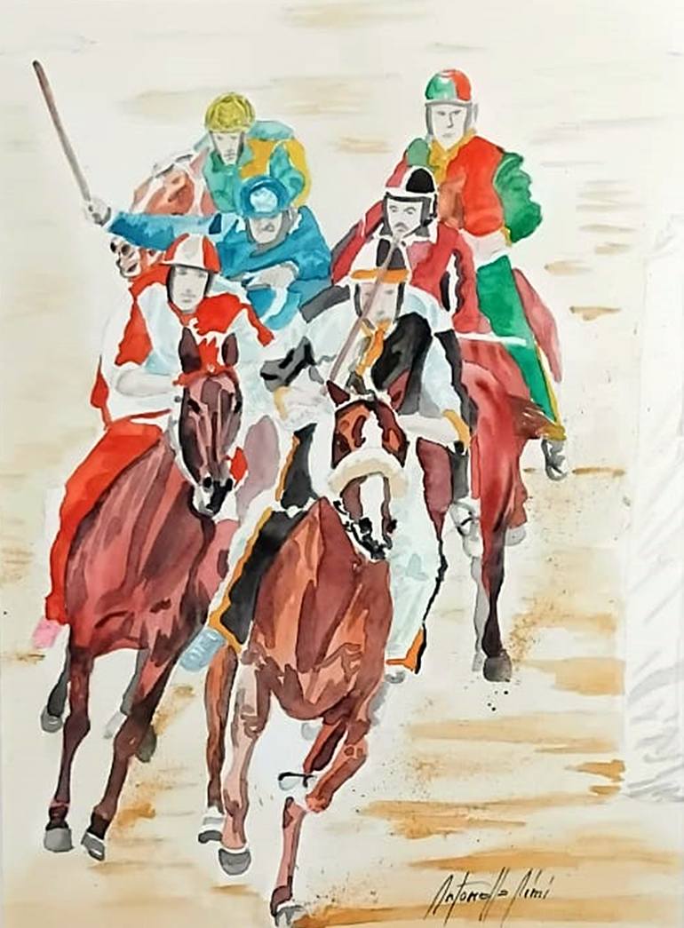 Original Horse Painting by Antonella Aimi | Impressionism Art on Paper | Palio di Siena - Neck and Neck