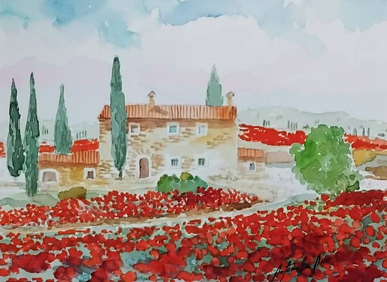 Original Landscape Painting by Antonella Aimi | Impressionism Art on Paper | Tuscan Farmhouse Among the Poppies