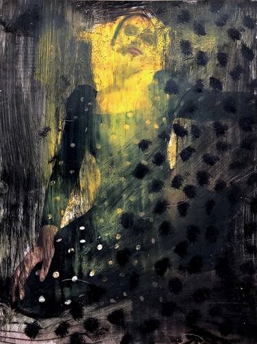 Pandemia #7. Yellow face. Oil on printed paper. thumb