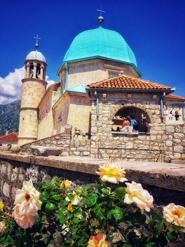 Peach Roses and Our Lady of the Rocks, Perast, Montenegro thumb