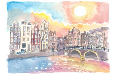 Amsterdam Torensluis Bridge Canal Scene with Sun and Water thumb