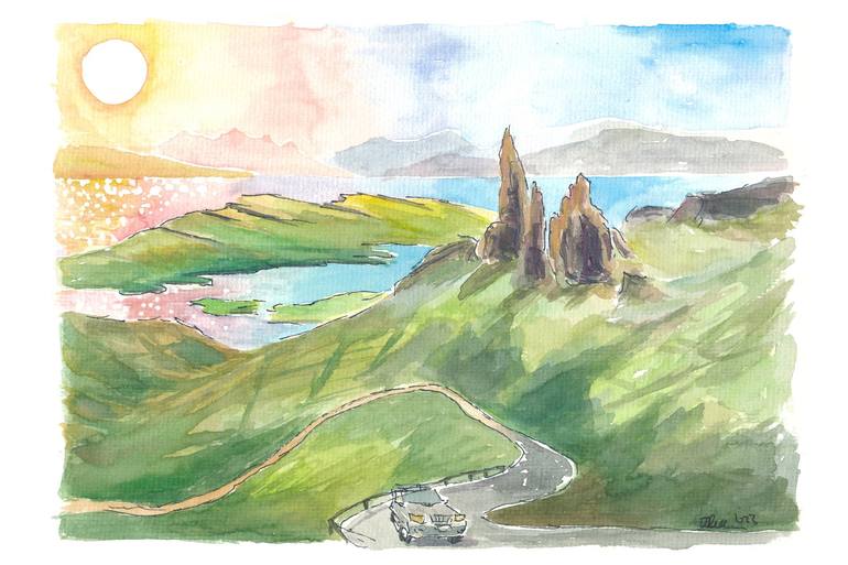 Original Landscape Painting by M Bleichner | Impressionism Art on Paper | Isle of Skye Hebrides Road Trip with Old Man of Storr