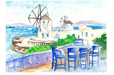 Whimsical Mykonos: A Serene Seaside View with Windmills thumb