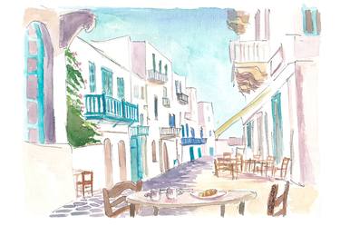 Breakfast in Mykonos in Gorgeous Town Street Scene Greece thumb