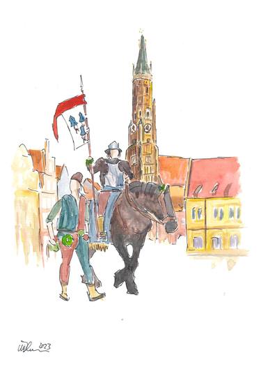 The Landshut city flag with bearer on horseback at Trinity Square thumb