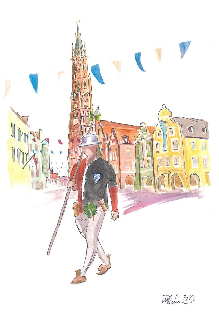 Original Cities Painting by M Bleichner | Impressionism Art on Paper | Duke guard on the way back from Landshut Old Town