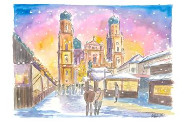 Passau Bavaria Winter Street Scene with Cathedral in Snow thumb