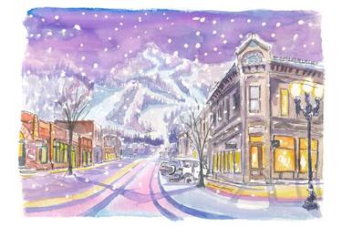 Aspen Colorado Nightly Winter Street Scene with Snowing Mood thumb