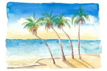 Sandy Beach Seascape Scene Watercolor in the Caribbean thumb