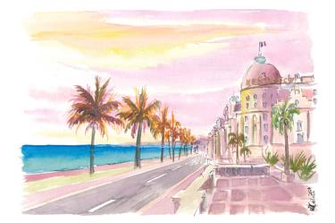 Nice France Riviera Watercolor View of Promenade des Anglais thumb