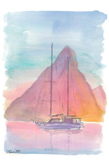 Glowing Pitons silhouette with boat in Saint Lucia thumb