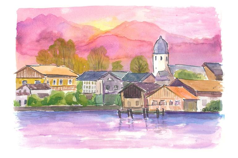 Original Beach Painting by M Bleichner | Impressionism Art on Paper | Arrival at the Fraueninsel on Lake Chiemsee
