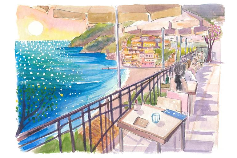 Original Beach Painting by M Bleichner | Impressionism Art on Paper | Amalfi Seaview Cafe Overlooking the Gulf of Salerno