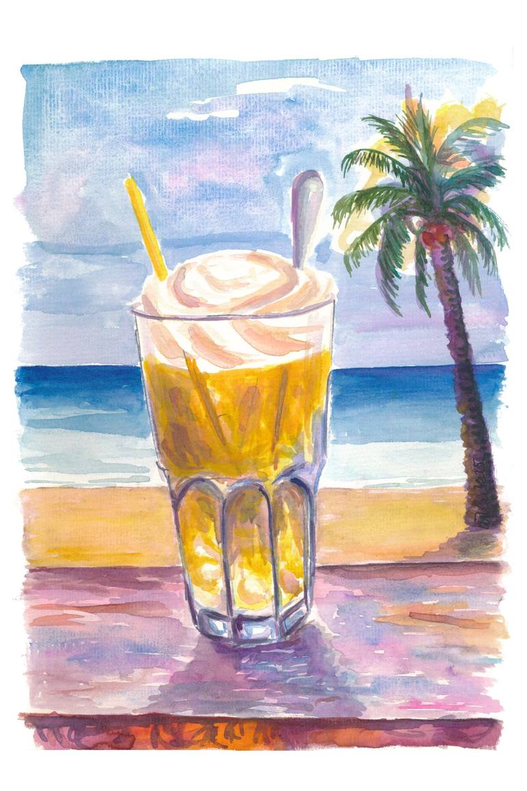 Original Beach Painting by M Bleichner | Impressionism Art on Paper | Golden Sunset Coffee by the Ocean View