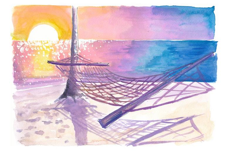 Original Beach Painting by M Bleichner | Impressionism Art on Paper | Tropical Sunset Hammock Serenity by the Ocean Breeze