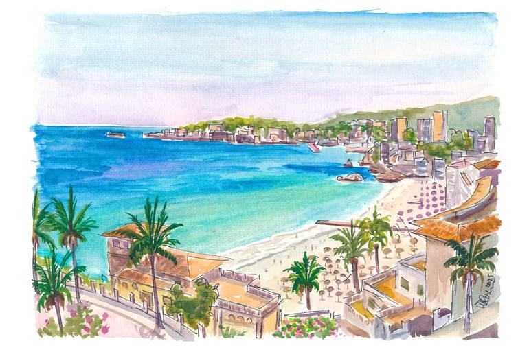Cala Major Beach Bliss in Mallorca with Palms Original Painting by m bleichner