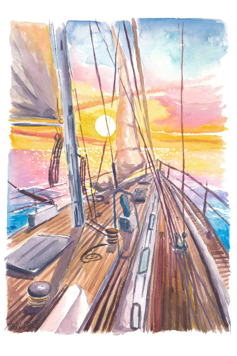 Original Seascape Painting by M Bleichner | Impressionism Art on Paper | Sailing Yacht Foredeck Facing Flames of the Falling Sun
