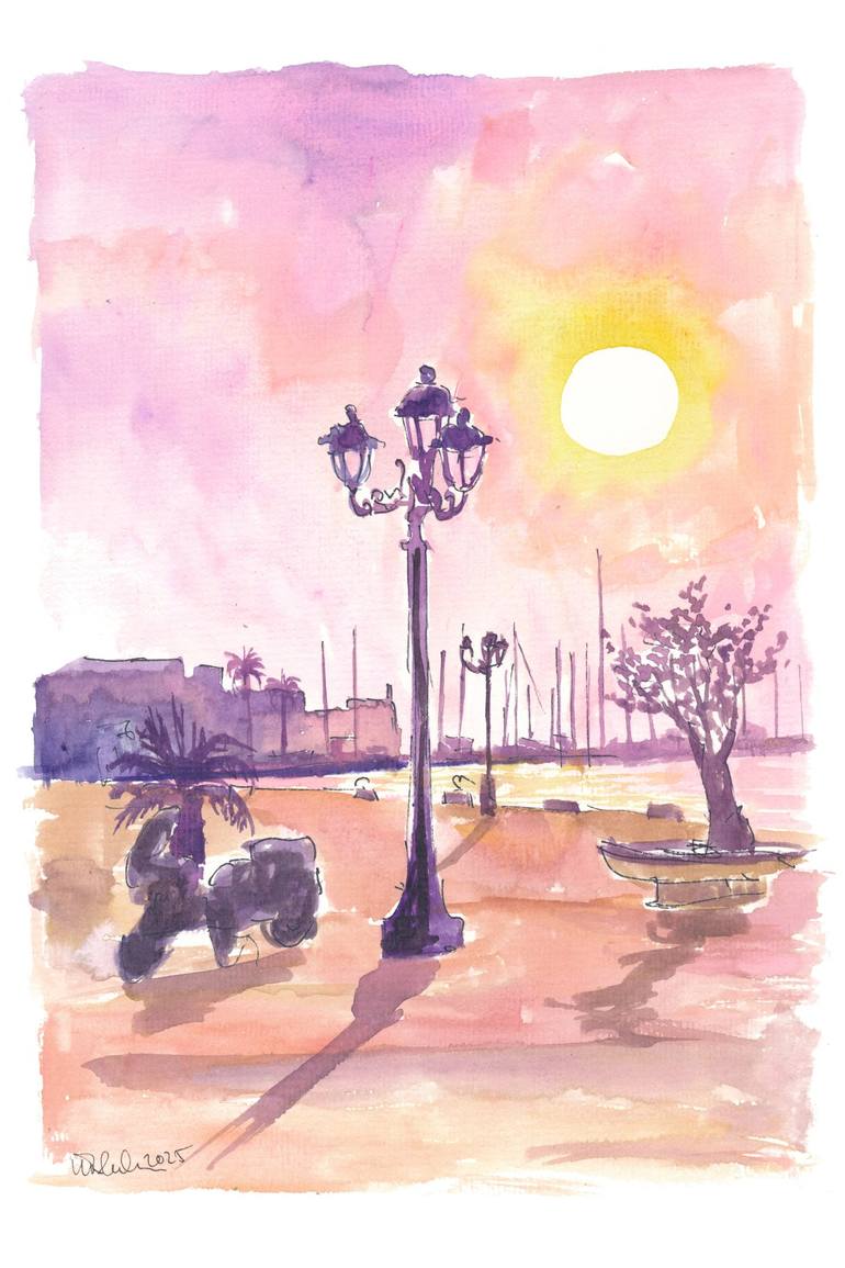 Original Cities Painting by M Bleichner | Impressionism Art on Paper | Alghero Sardinia Sunset at the Marina Yacht Port