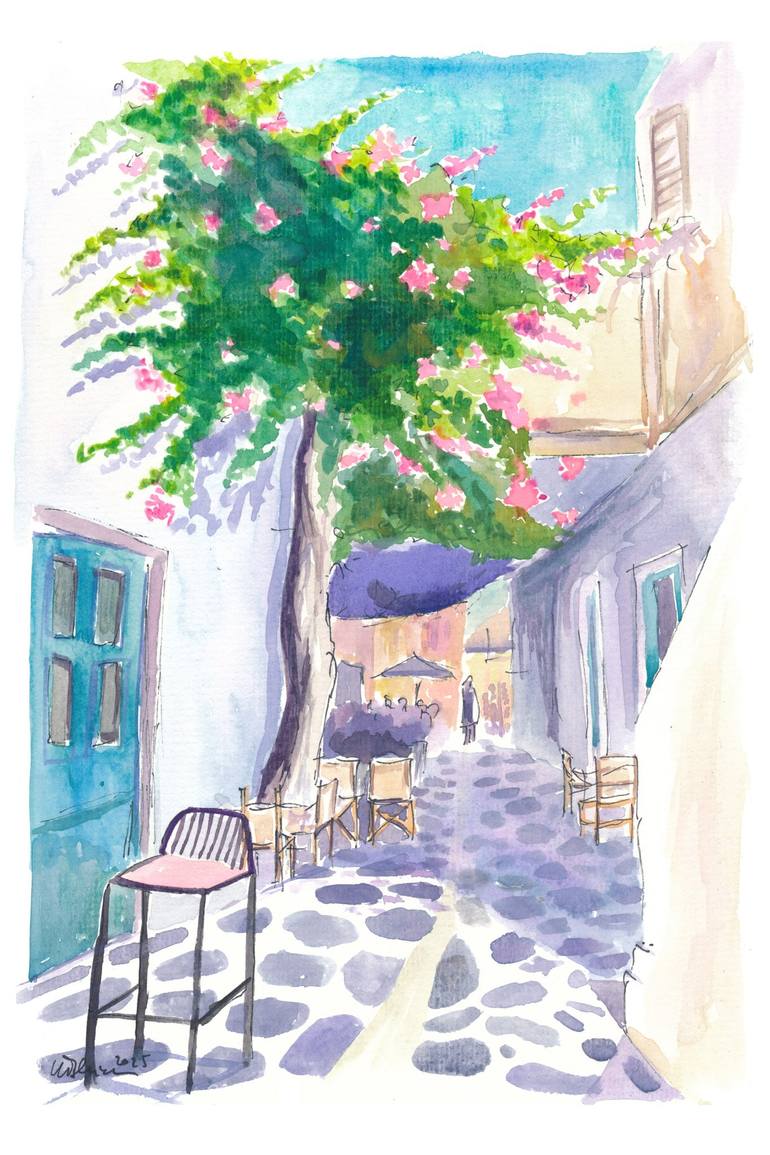 Greek Old Town Alley on a Lonely Ionian Sea Island Original Painting by m bleichner