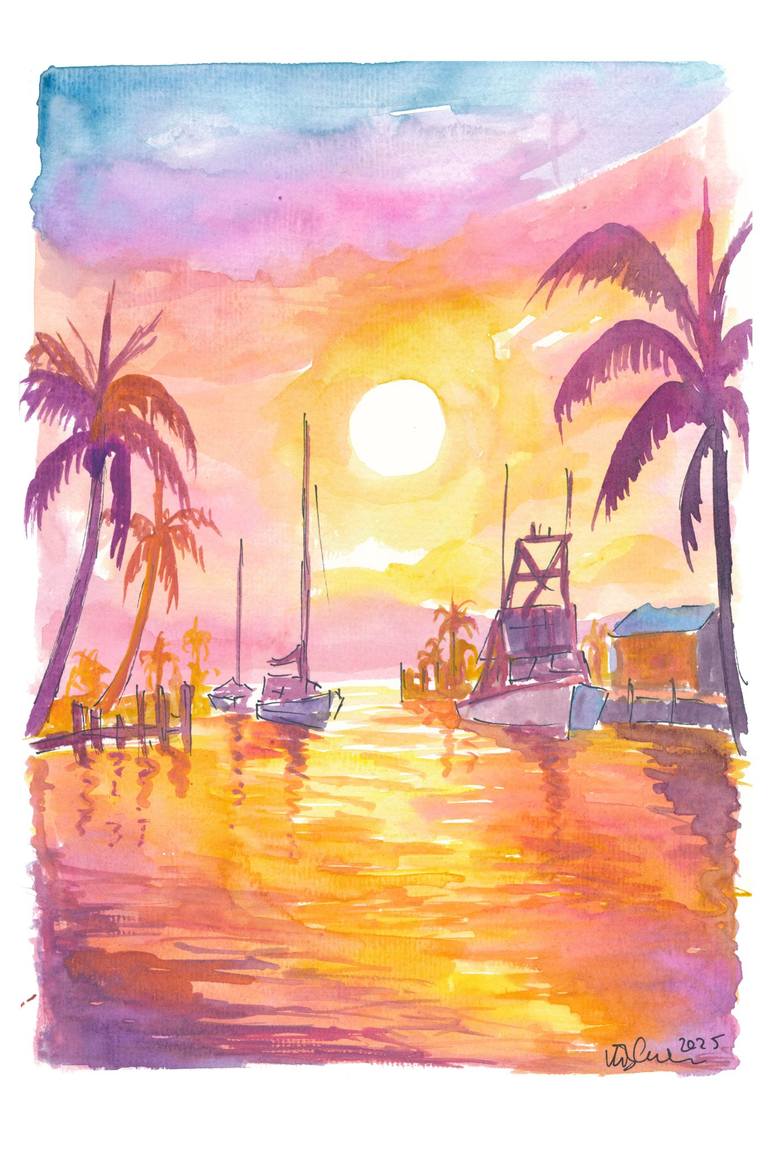 Original Landscape Painting by M Bleichner | Contemporary Art on Paper | Islamorada Marina with Palms a Golden Sunset at the Florida Keys
