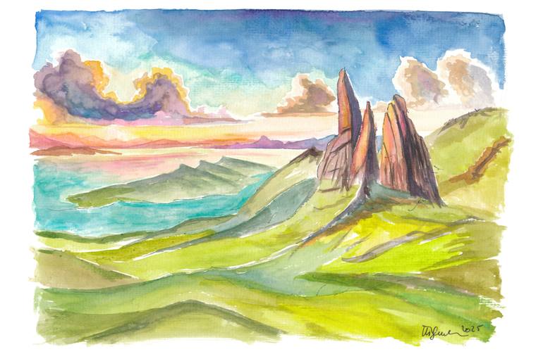 Original Landscape Painting by M Bleichner | Contemporary Art on Paper | Isle of Skye Serenity with The Old Man of Storr