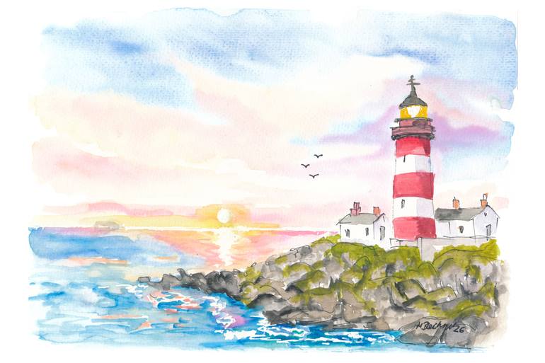 Original Beach Painting by M Bleichner | Contemporary Art on Paper | Eilean Glas Lighthouse at Sunset on the Rugged Scottish Coast