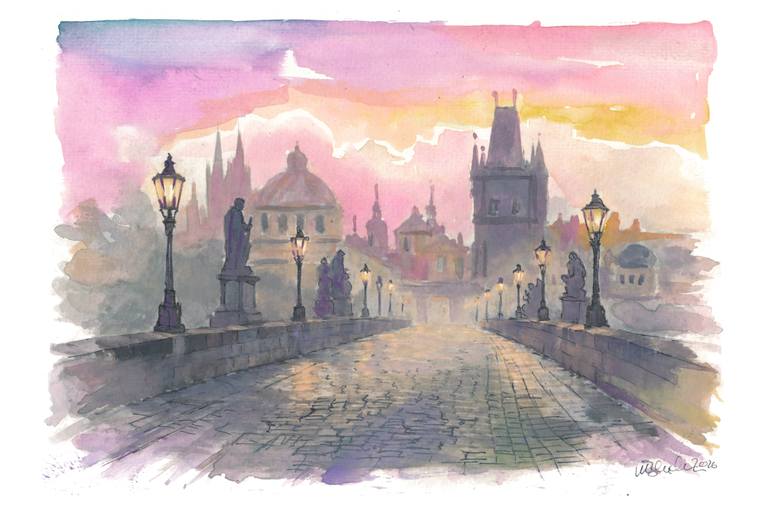 Original Cities Painting by M Bleichner | Contemporary Art on Paper | Prague Charles Bridge with Historic Architecture and River View