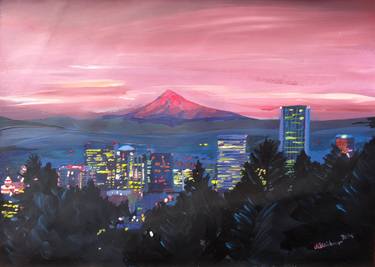 Portland Oregon with Red Mt Hood at Sunset thumb