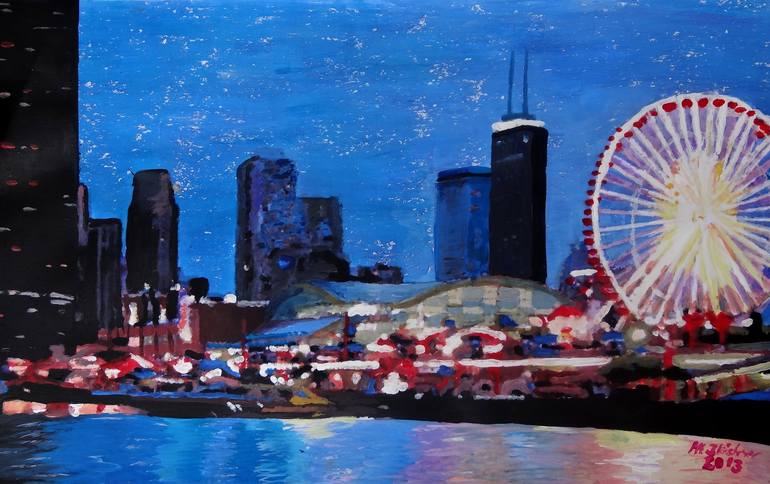  Chicago Skyline With Ferris Wheel - Print