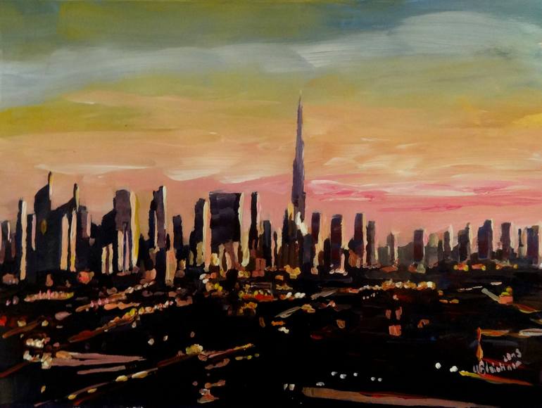 Dubai Skyline Uae Emirates Skyline At Dusk Painting by M Bleichner