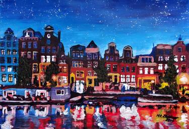 Amsterdam Skyline with Canal at Night - Limited Edition Print thumb